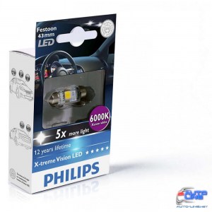 Лампа светодиодная Philips Festoon BlueVision LED T10.5x43, 6000K, 1шт/блистер 129466000KX1