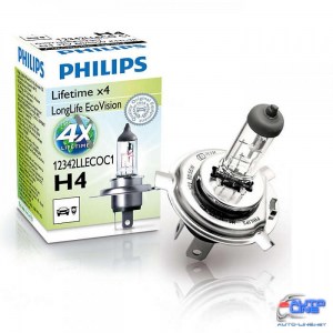 Лампа галогенная Philips H4 LongLife EcoVision, 1шт/картон 12342LLECOC1