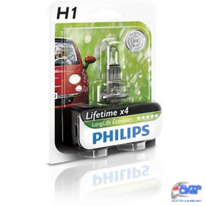 Лампа галогенная Philips H1 LongLife EcoVision, 1шт/блистер 12258LLECOB1
