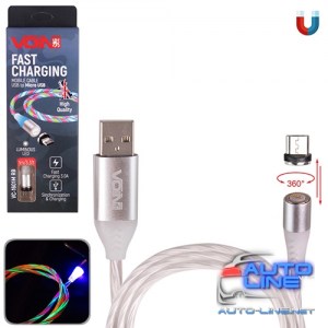 Кабель магнитный VOIN Multicolor LED USB - Micro USB 3А, 1m, black (быстрая зарядка/передача данных) (VC-1601M RB)