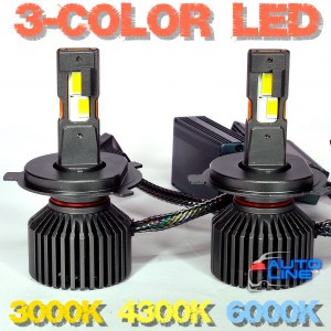 B-Power CAN H4 LED N3C V3 120W 28000Lm 3000K/4300K/6000K - трехцветные LED-лампы H4 3000K/4300K/6000K с медными трубками, 9-32В