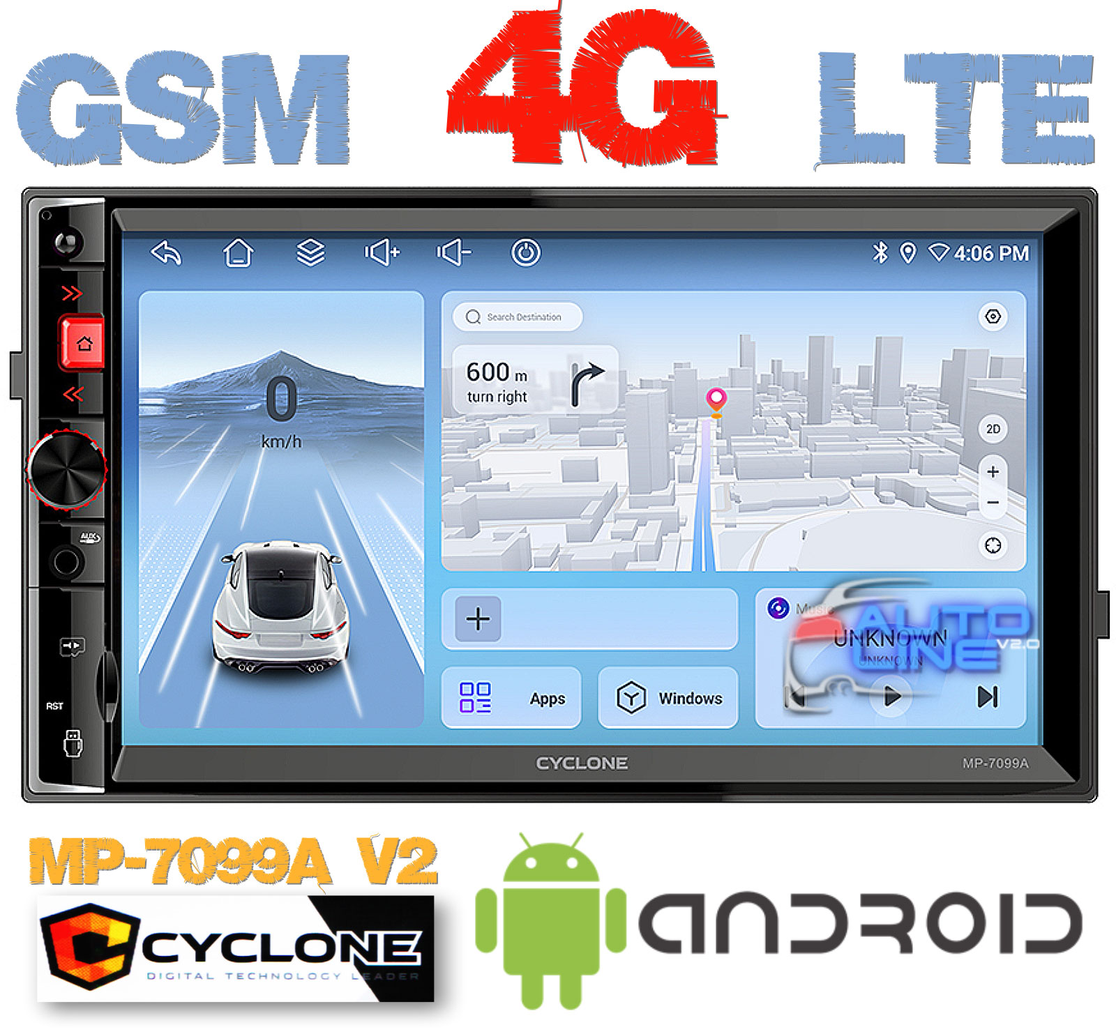 Cyclone MP-7099A v2 — магнитола 2 DIN ANDROID, автомобильный мультимедийный центр ANDROID GSM 4G LTE
