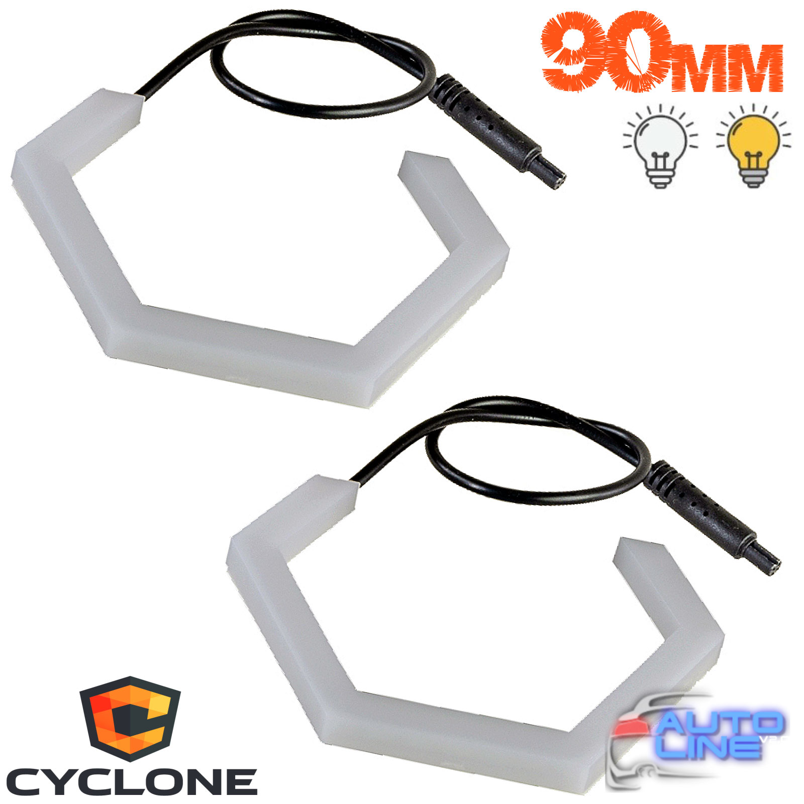 Cyclone 2AE U4 90mm White+Yellow - LED-кольца подсветки ломанные линии, ангельские глазки ломанные линии, Для линз диаметром 3, ангельские глазки с поворотами