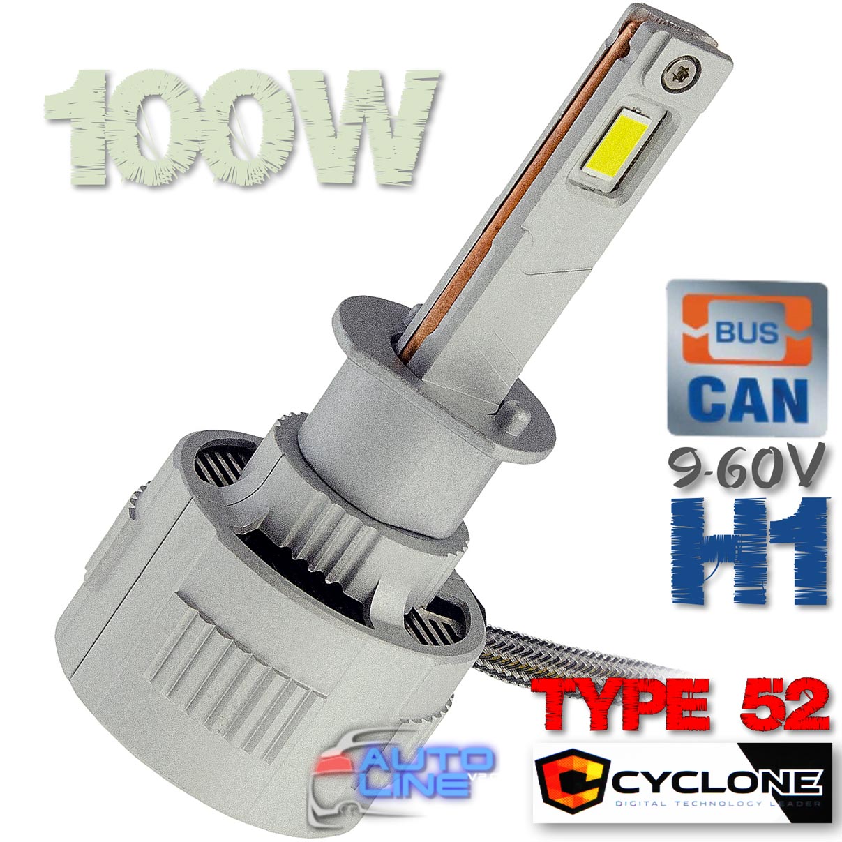 Cyclone LED H1 6000K 9-60V type 52  — мощная автомобильная LED-лампа H1 с обманкой для грузовых и легковых авто, 100 Вт