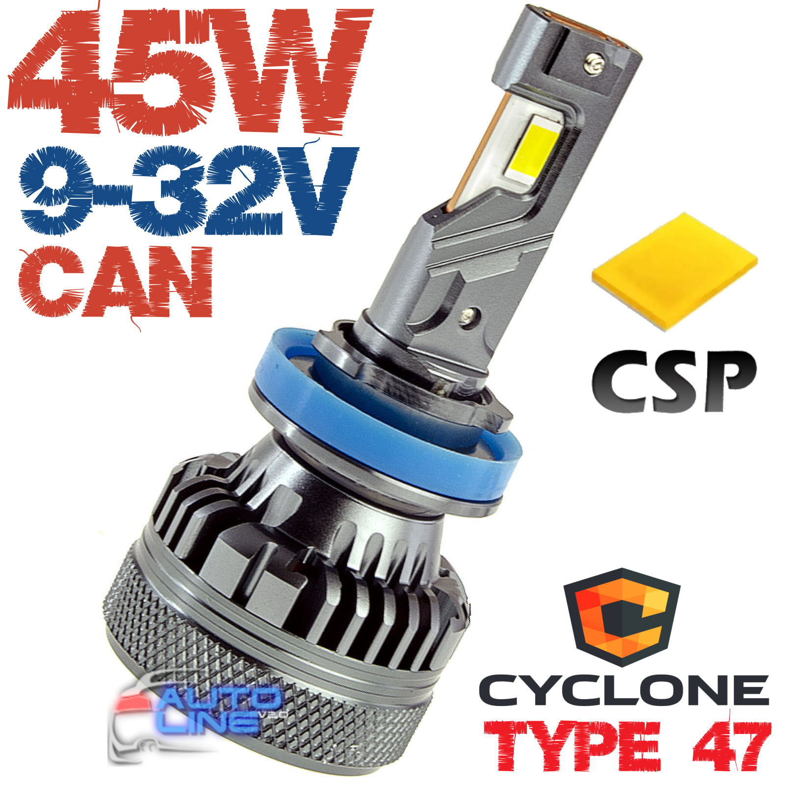 Мощная LED-лампа H11 с обманкой 9-32В 45Вт 5500K/9800Lm - Cyclone LED H11 5500K type 47