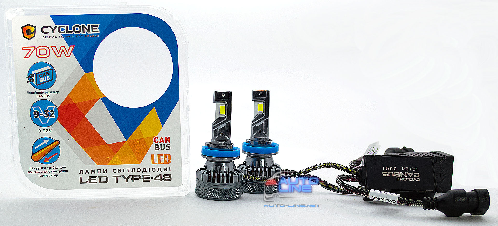 Потужні LED-лампи H11 з обманкою 9-32 В 70 Вт 5500 K/18000 Lm — Cyclone LED H11 5500K type 48