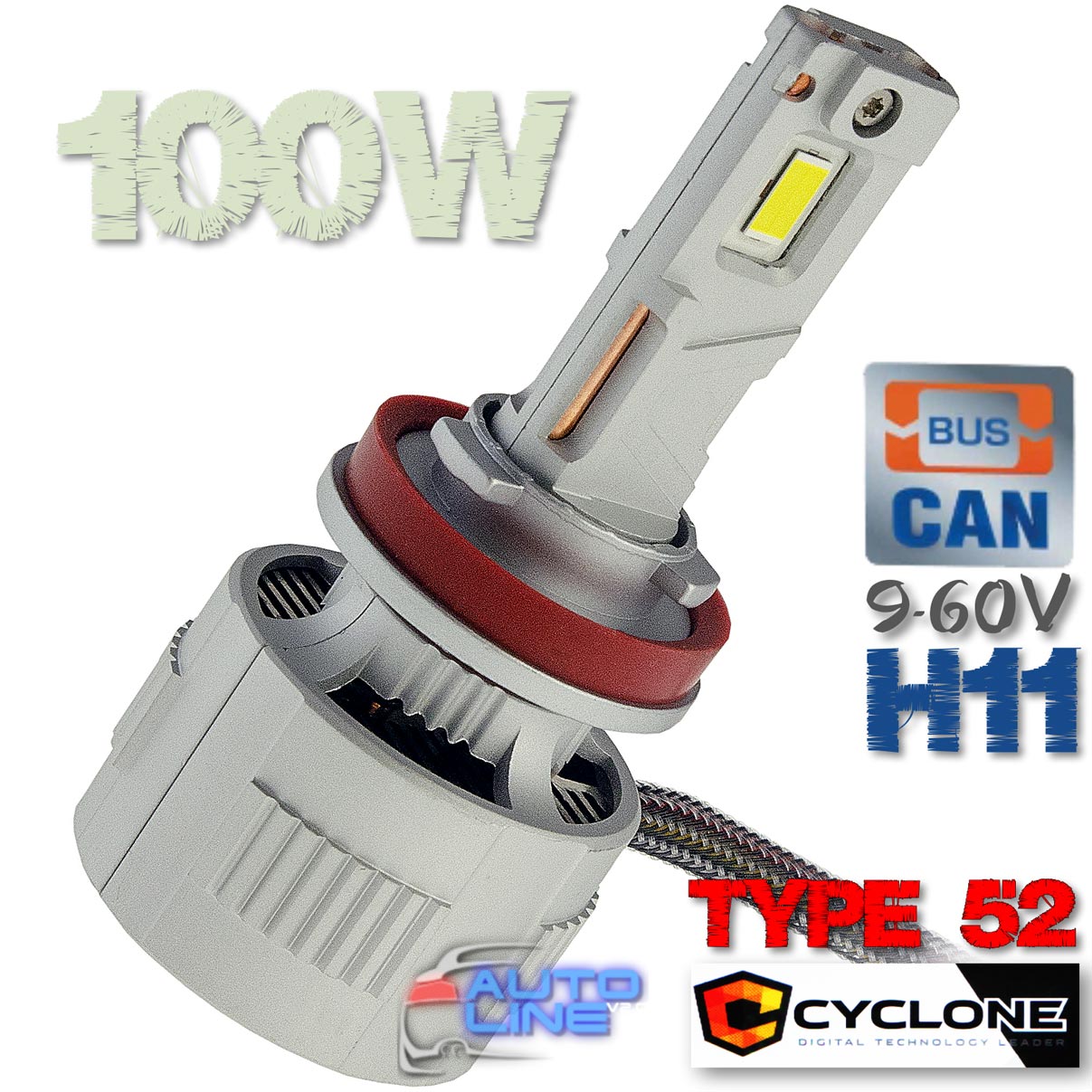 Cyclone LED H11 6000K 9-60V type 52 — мощные LED-лампы H11 для грузовых и легковых авто с обманкой, 100 Вт