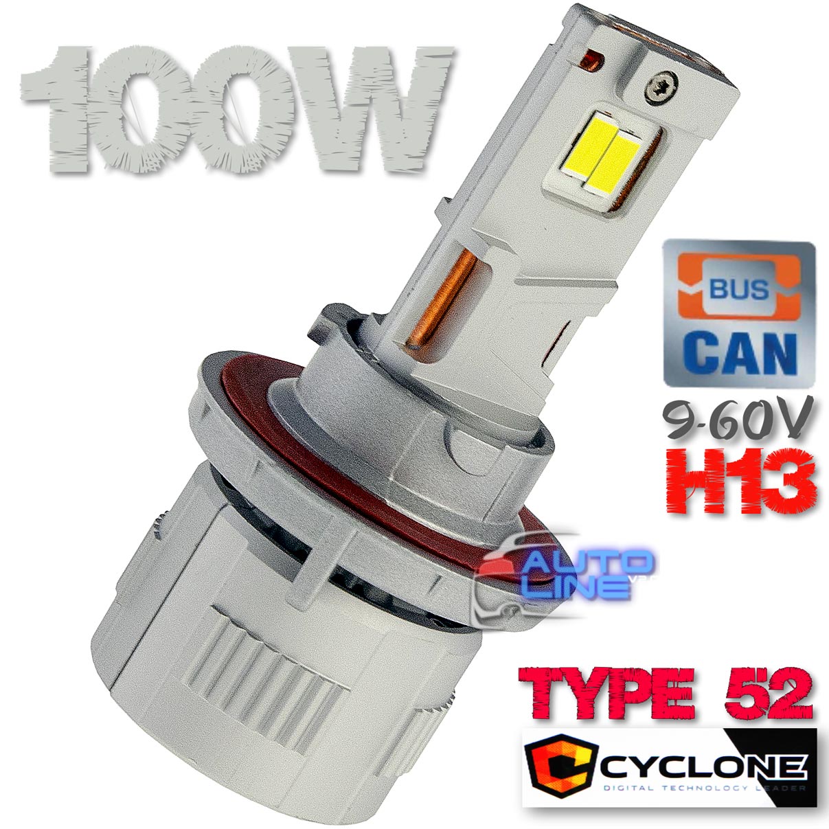 Cyclone LED H13 H/L 6000K 9-60V type 52 — мощные LED-лампы H13 для грузовых и легковых авто с обманкой, 100 Вт 9-60V