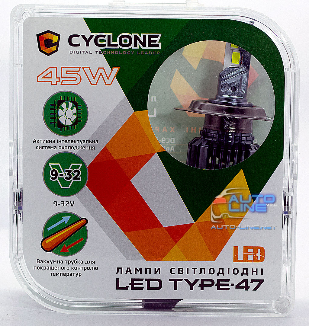 Мощные LED-лампы H4 с обманкой 9-32В 45Вт 5500K/9800Lm - Cyclone LED H4 H/L 5500K type 47