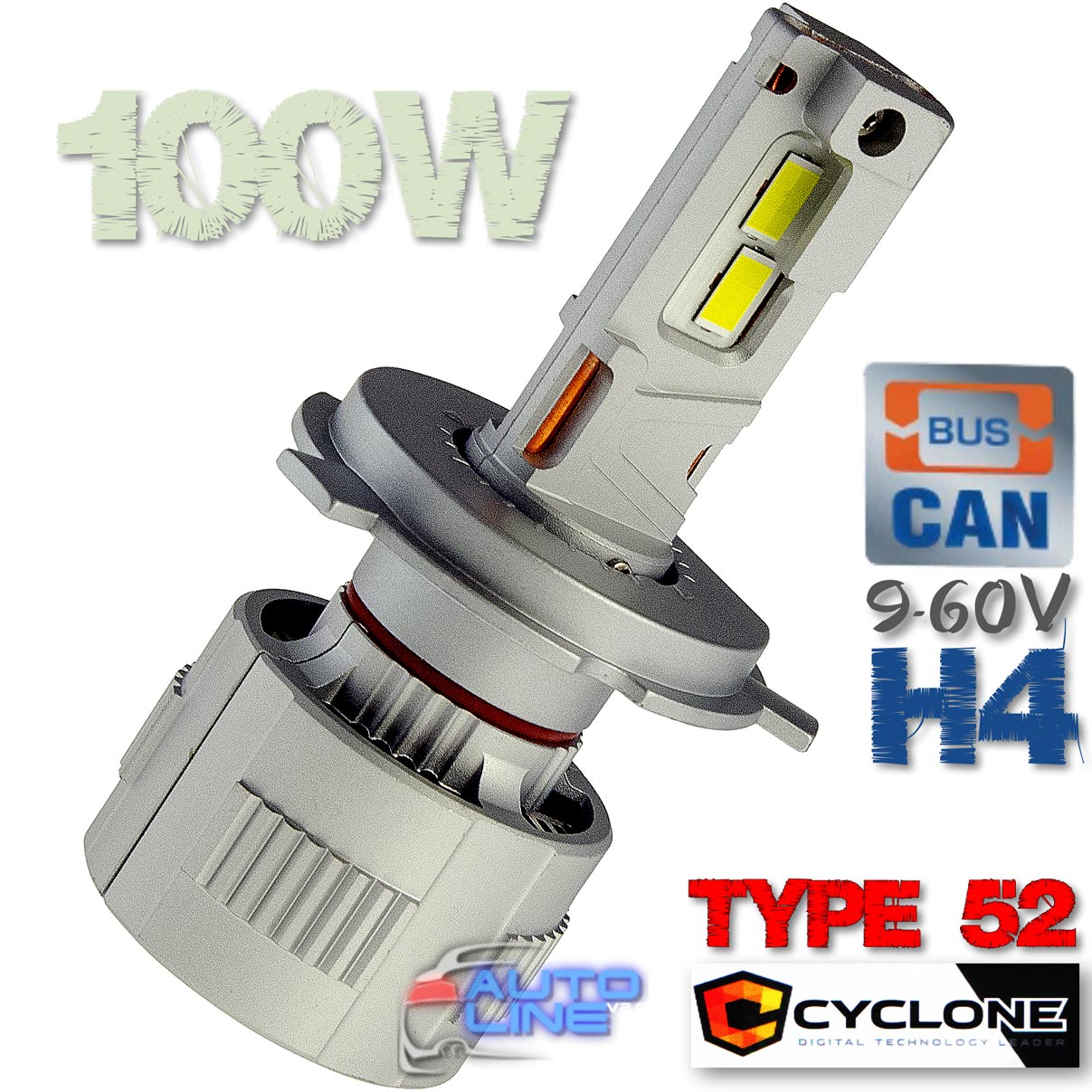 Мощные LED-лампы H4 для грузовых и легковых авто с обманкой, 100Вт 9-60V - Cyclone LED H4 H/L 6000K 9-60V type 52