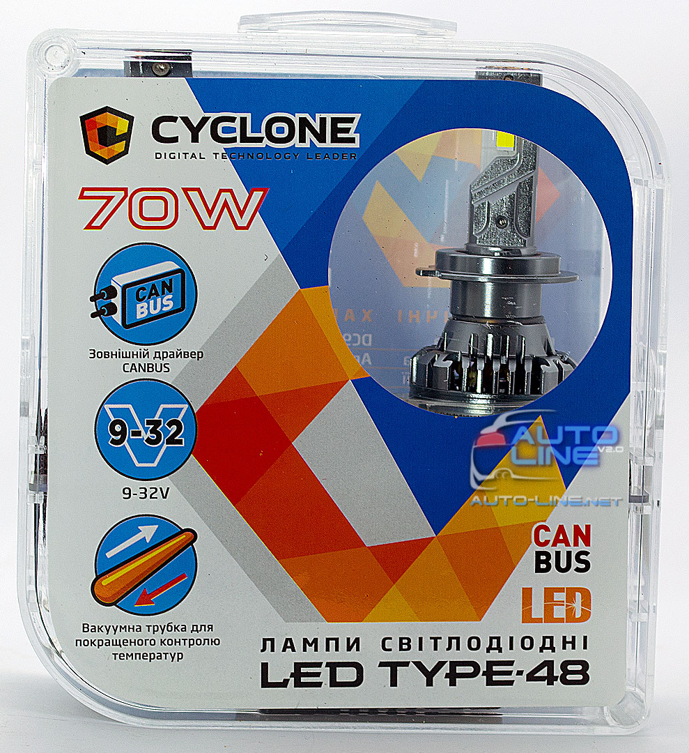 Мощные LED-лампы H7 с обманкой 9-32В 70Вт 5500K/18000Lm - Cyclone LED H7 5500K type 48