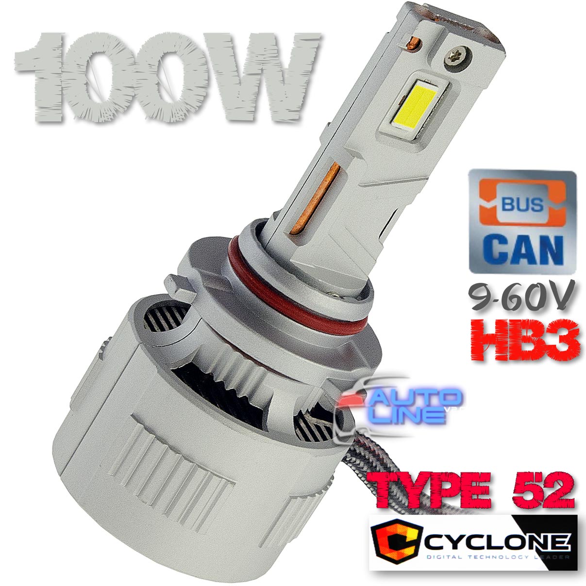 Cyclone LED HB3/9005 6000K 9-60V type 52 — мощная автомобильная LED-лампа HB3/9005 с обманкой для грузовых и легковых авто, 100 Вт