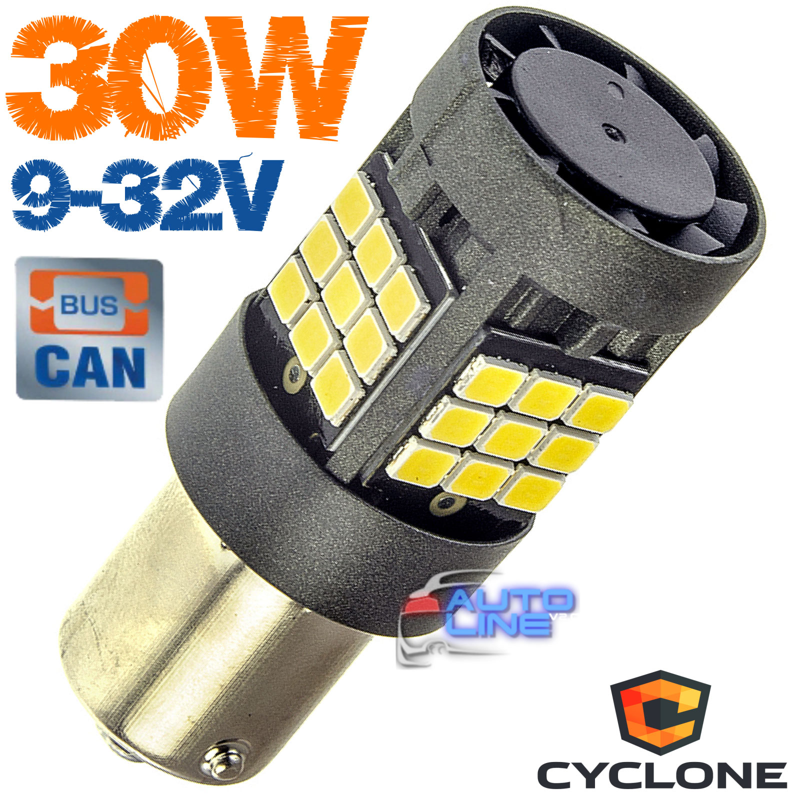 Cyclone S25-096 CAN 2835-36 9-32V — мощная CAN LED-лампа S25 P21W 30Вт с вентилятором