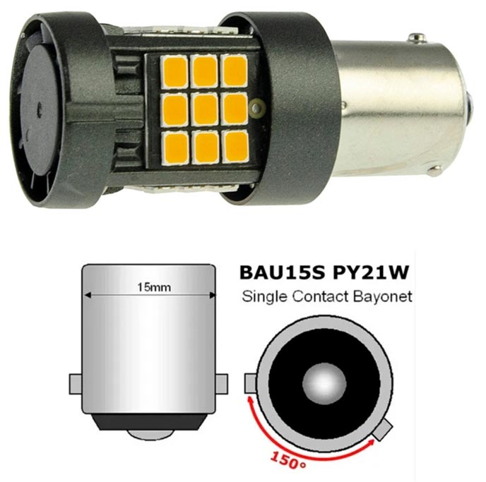 Жовтогарячі LED-лампи з вентилятором в поворотники S25/PY21W 150 градусів контакти- Cyclone S25-102Y CAN 2835-36 9-32V