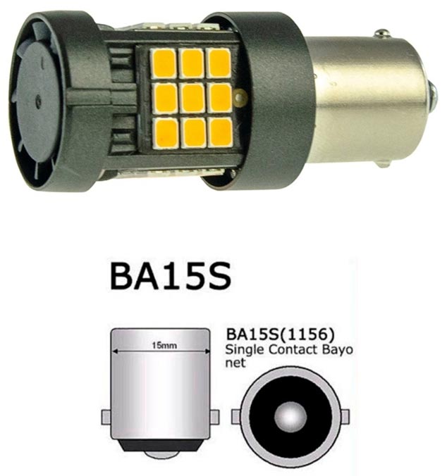 Жовтогарячі LED-лампи з вентилятором в поворотники S25/P21W/BA15S 180 градусів фіксатори - Cyclone S25-103Y CAN 2835-36 9-32V