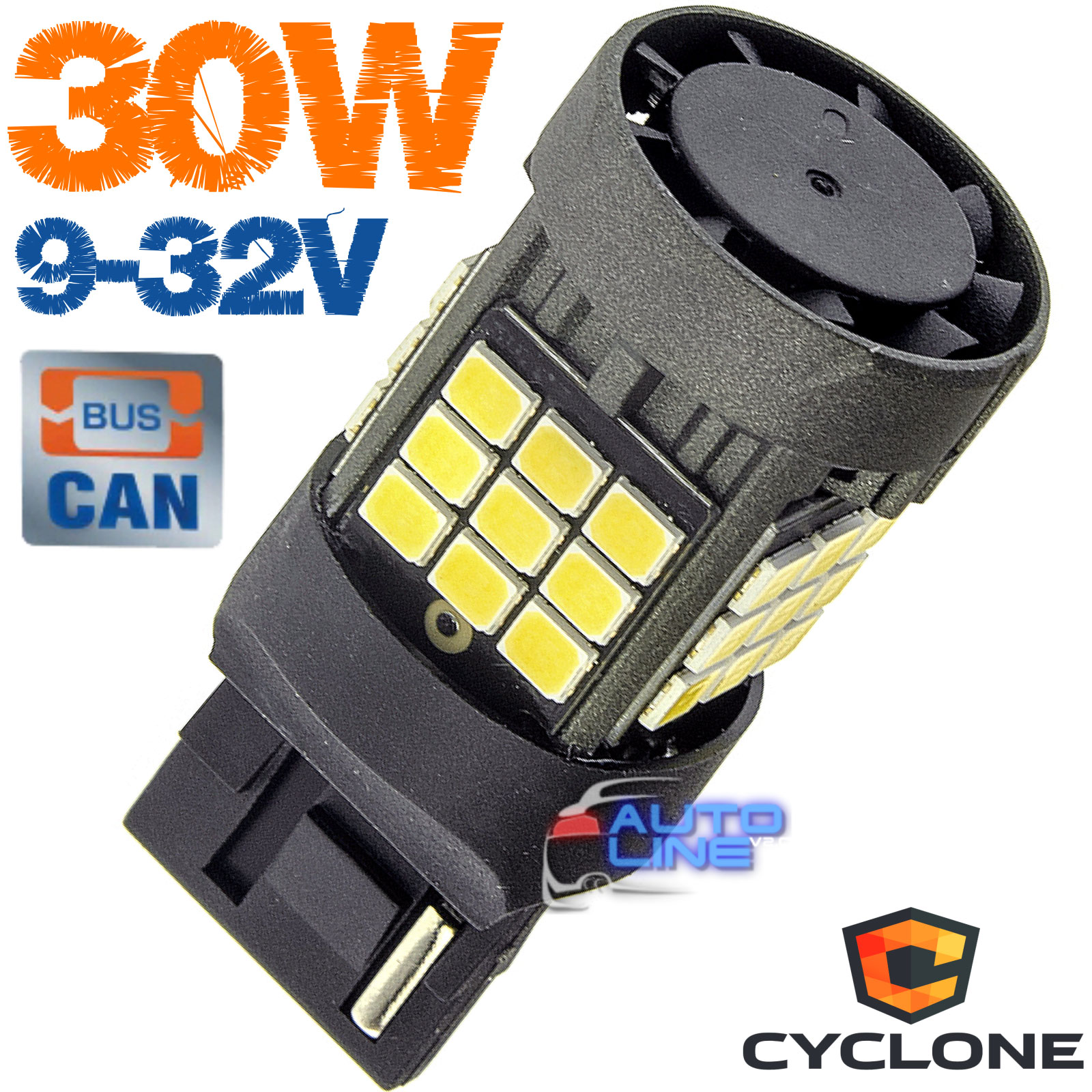 Cyclone T20-005 CAN 2835-36 9-32V — мощная CAN LED-лампа T20 (7440 W21W) 30Вт с вентилятором