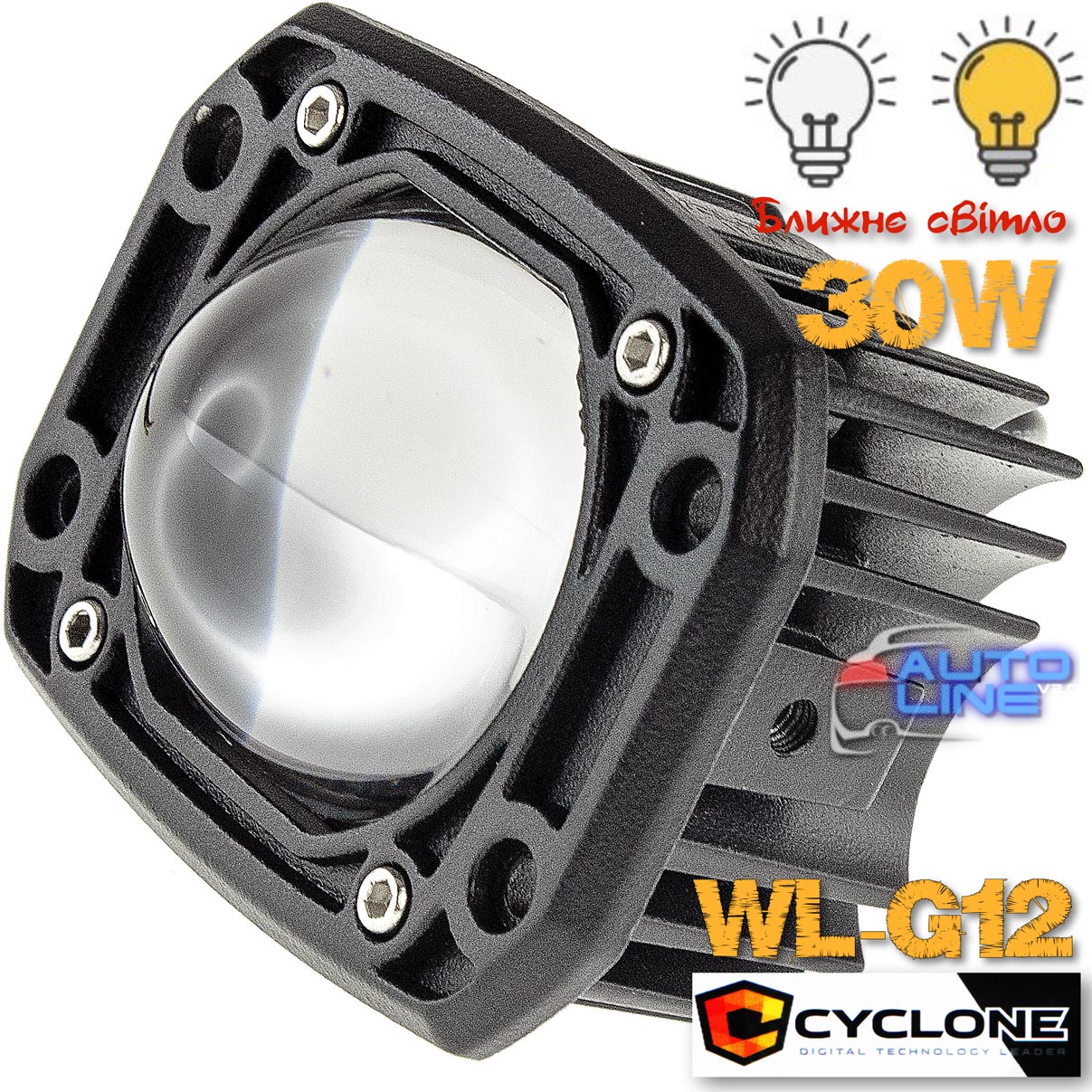 Cyclone WL-G12 30W White+Yellow Driving - квадратная врезная противотуманная LED-фара-линза ближнего/дальнего света. Hi/Low, белый/желтый свет