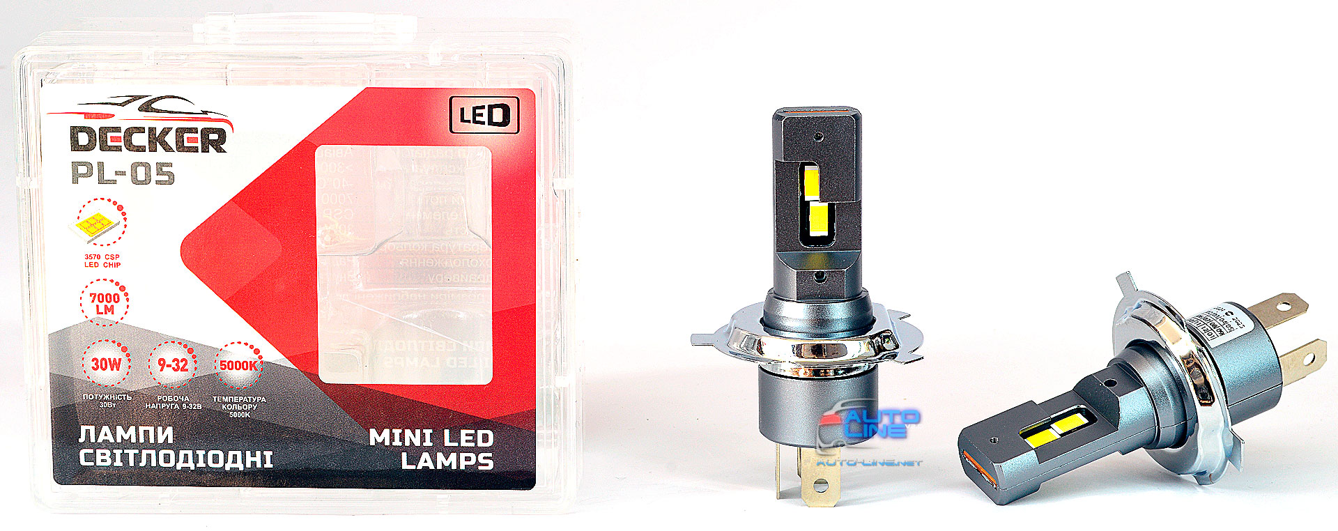 Decker LED PL-05 5K H4 H/L — автомобільна міні LED-лампа H4 під галогенку, без вентилятора, 5000K