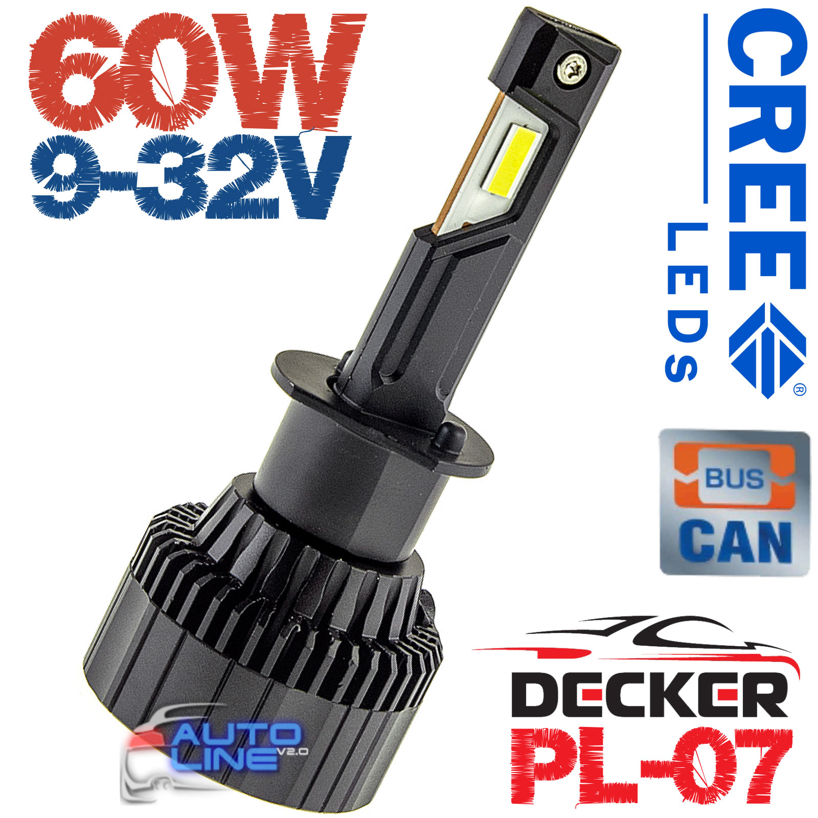 Decker LED PL-07 6K H1 — мощные LED-лампы H1 с обманкой 9-32В 6000K/12000Lm CREE Leds