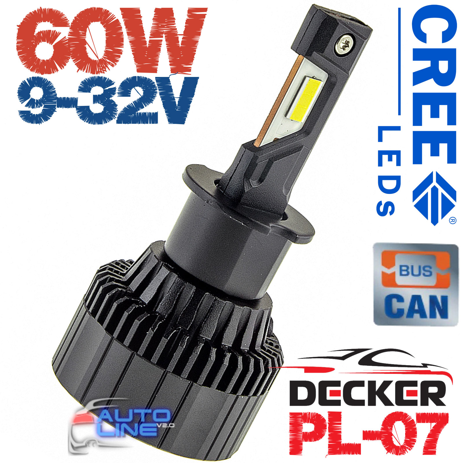 Decker LED PL-07 6K H3 — мощные LED-лампы H3 с обманкой 9-32В 6000K/12000Lm CREE Leds