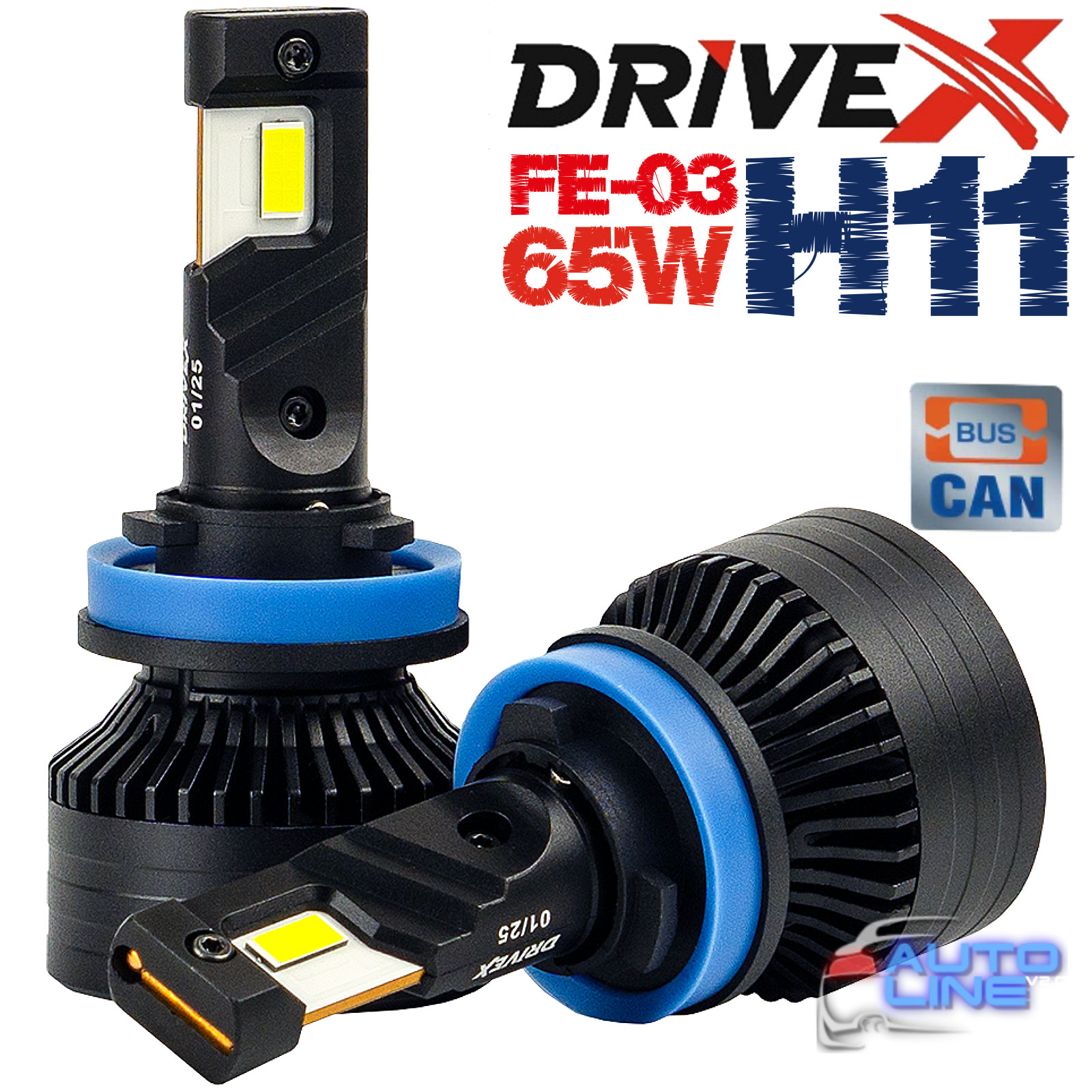 DriveX FE-03 H11 65W 6000K — мощные LED-лампы H11 с обманкой 9-20В 65Вт 6000K/12000Lm CSP Leds