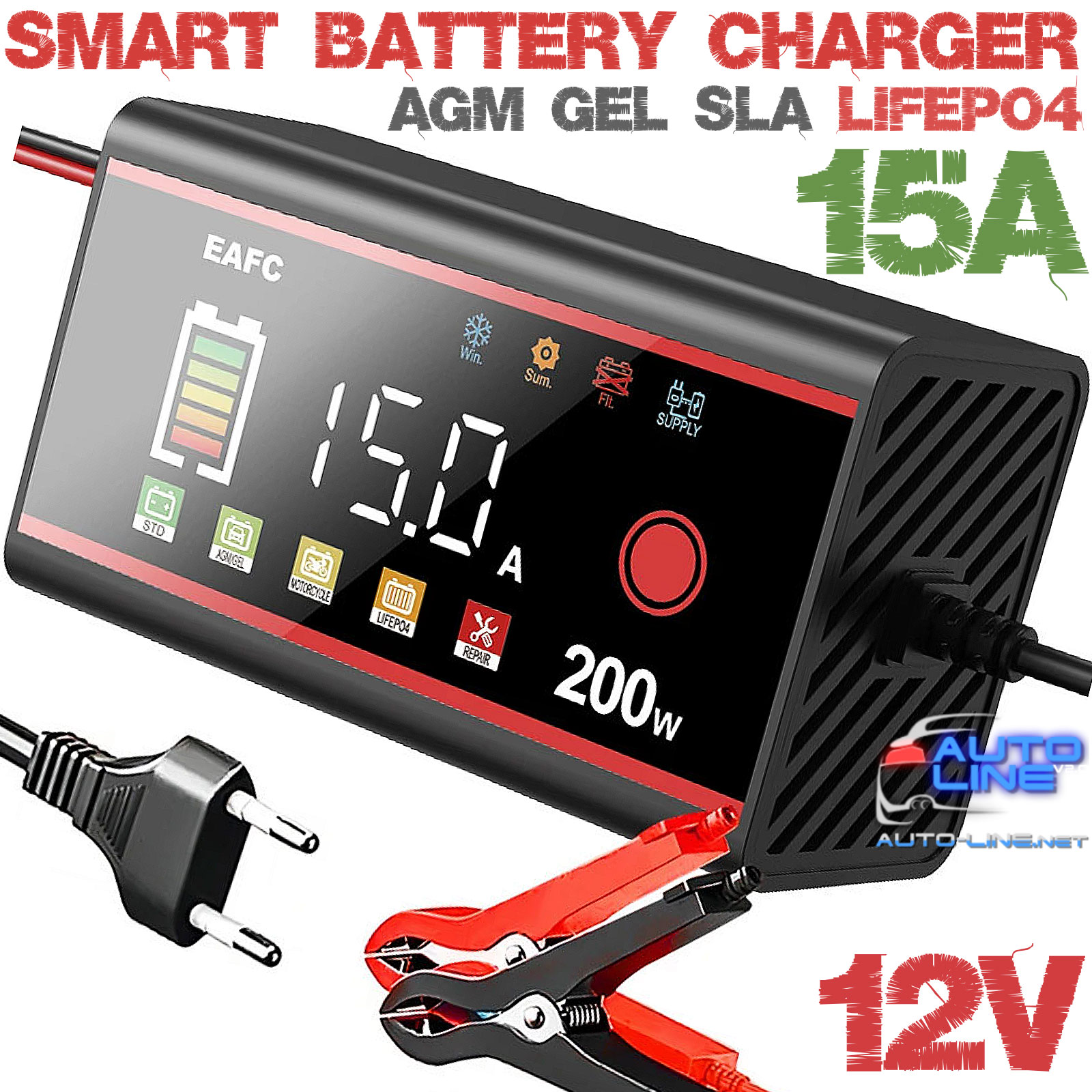 Інтелектуальний зарядний пристрій 12В 15А з кольоровим дисплеєм — Intelligent Pulse Repair Charger 12 V 15 A v2 EAFC