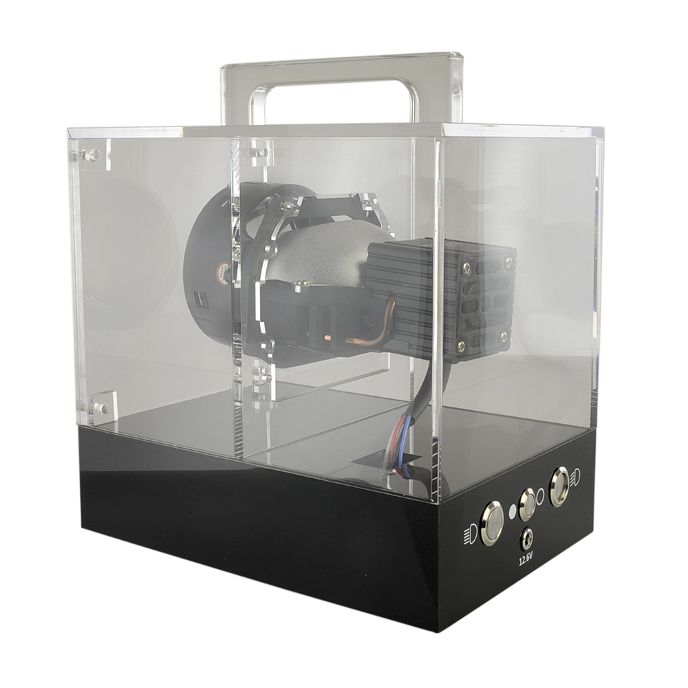 Lens tester box 1 - Рекламний скляний стенд для тестування лінз з АКБ, тестер лінз авто