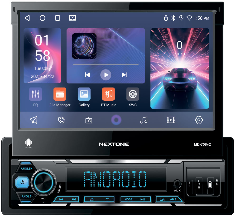 Nextone MD-758 v2 - универсальная магнитола 1DIN Android с моторизованным дисплеем