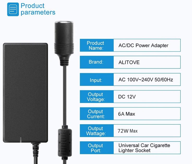 B-Power 220V/12V-6A-72W v2  — сетевой адаптер прикуривателя 72Вт, 6А бытовой адаптер 220В для автохолодильника и автопылесоса
