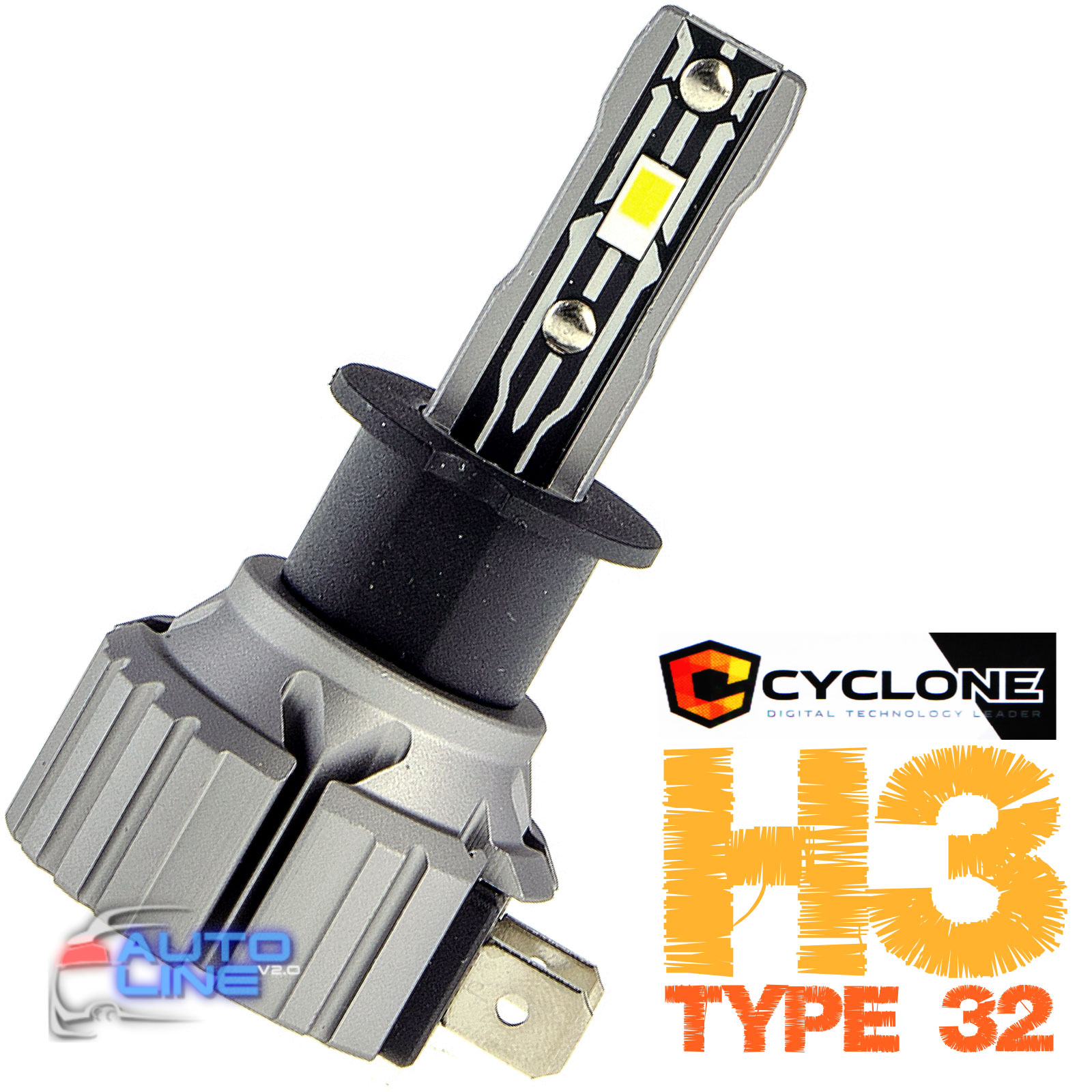 Cyclone LED H3 6000K type 32 — автомобильная LED-лампа H3 с пассивным охлаждением без вентилятора