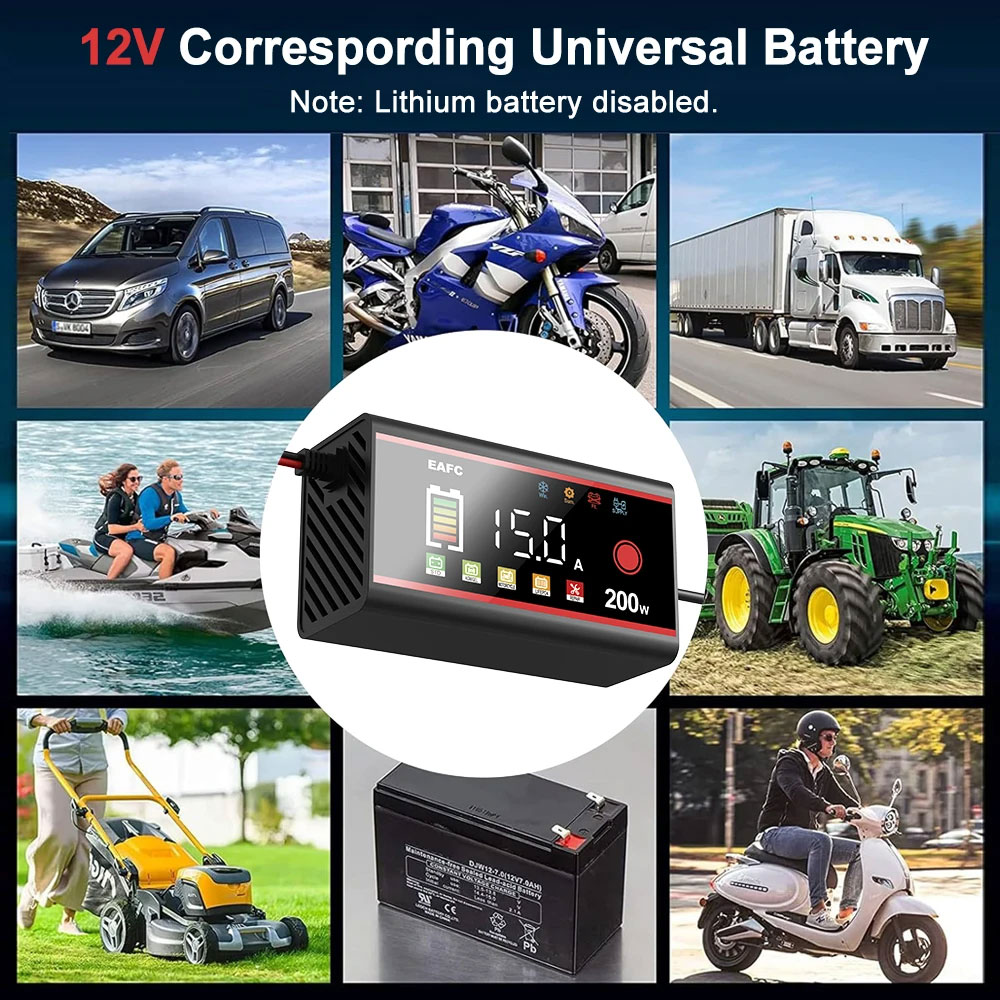 Інтелектуальний зарядний пристрій 12В 15А з кольоровим дисплеєм — Intelligent Pulse Repair Charger 12 V 15 A v2 EAFC