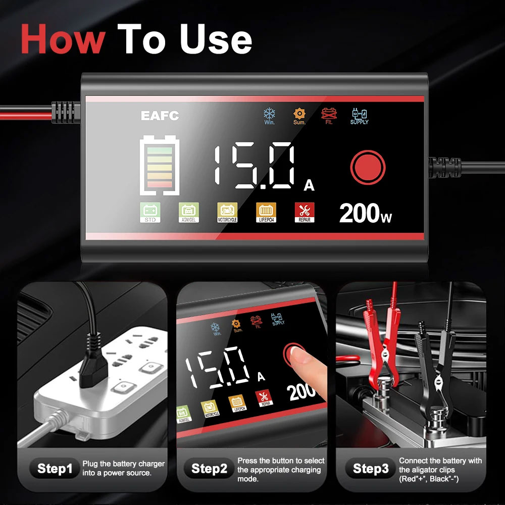 Інтелектуальний зарядний пристрій 12В 15А з кольоровим дисплеєм — Intelligent Pulse Repair Charger 12 V 15 A v2 EAFC