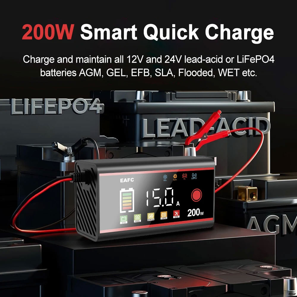 Інтелектуальний зарядний пристрій 12В 15А з кольоровим дисплеєм — Intelligent Pulse Repair Charger 12 V 15 A v2 EAFC