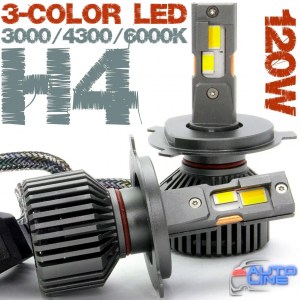 B-Power CAN H4 LED N3C V3 120W 28000Lm 3000K/4300K/6000K - трехцветные LED-лампы H4 3000K/4300K/6000K с медными трубками, 9-32В