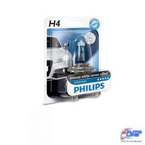 Лампа галогенная Philips H4 WhiteVision +60%, 4300K, 1шт/блистер 12342WHVB1