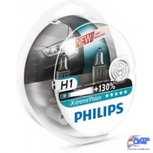 Лампа галогенная Philips H1 X-treme VISION +130%, 3700K, 2шт/блистер 12258XV+S2