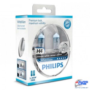Лампа галогенная Philips H4 WhiteVision +60%, 4300K, 2шт/блистер 12342WHVSM