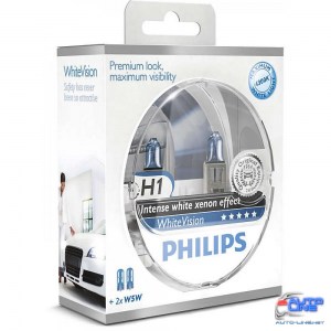 Лампа галогенная Philips H1 WhiteVision +60%, 4300K, 2шт/блистер 12258WHVSM