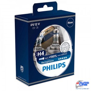 Лампа галогенная Philips H4 RACING VISION +150%, 2 шт блистер 12342RVS2
