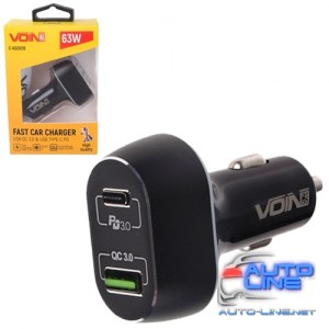 Автомобильное зарядное устройство VOIN 63W, 1USB QC3.0 18W + 1PD 45W, 12/24V (C-63202Q)