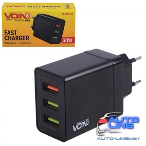 Сетевое зарядное устройство VOIN 30W, 3 USB, QC3.0 (Port 1-5V*3A/9V*2A/12V*1.5A. Port 2/3-5V2.4A) (LC-34830 BK)